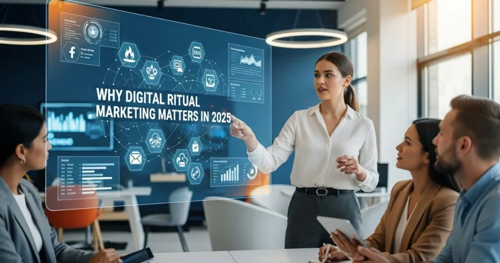 Team collaborating using digital screens for AI-driven marketing strategy planning