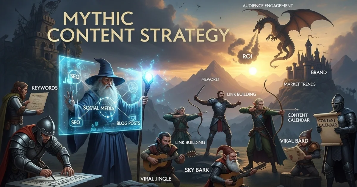 Hero image showing people crafting a mythic content strategy with a dragon, symbolizing creativity and AI-powered marketing by Leyline Pro