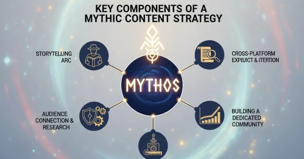 Diagram illustrating key components of a mythic content strategy, highlighting AI tools for marketers from Leyline Pro