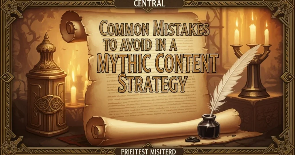 Warning sign image with quill and book, cautioning against common mistakes in mythic content strategy by Leyline Pro