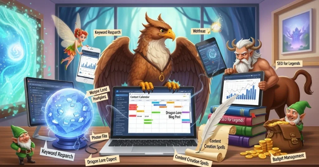 Eagle with tech devices image, representing tools to sustain a mythic content strategy with Leyline Pro's AI solutions
