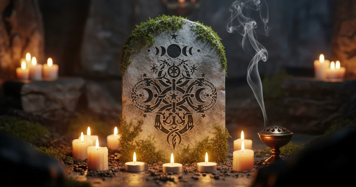 Candlelit ritualized brand identity scene with tombstone, symbolizing tradition and Leyline Pro AI branding