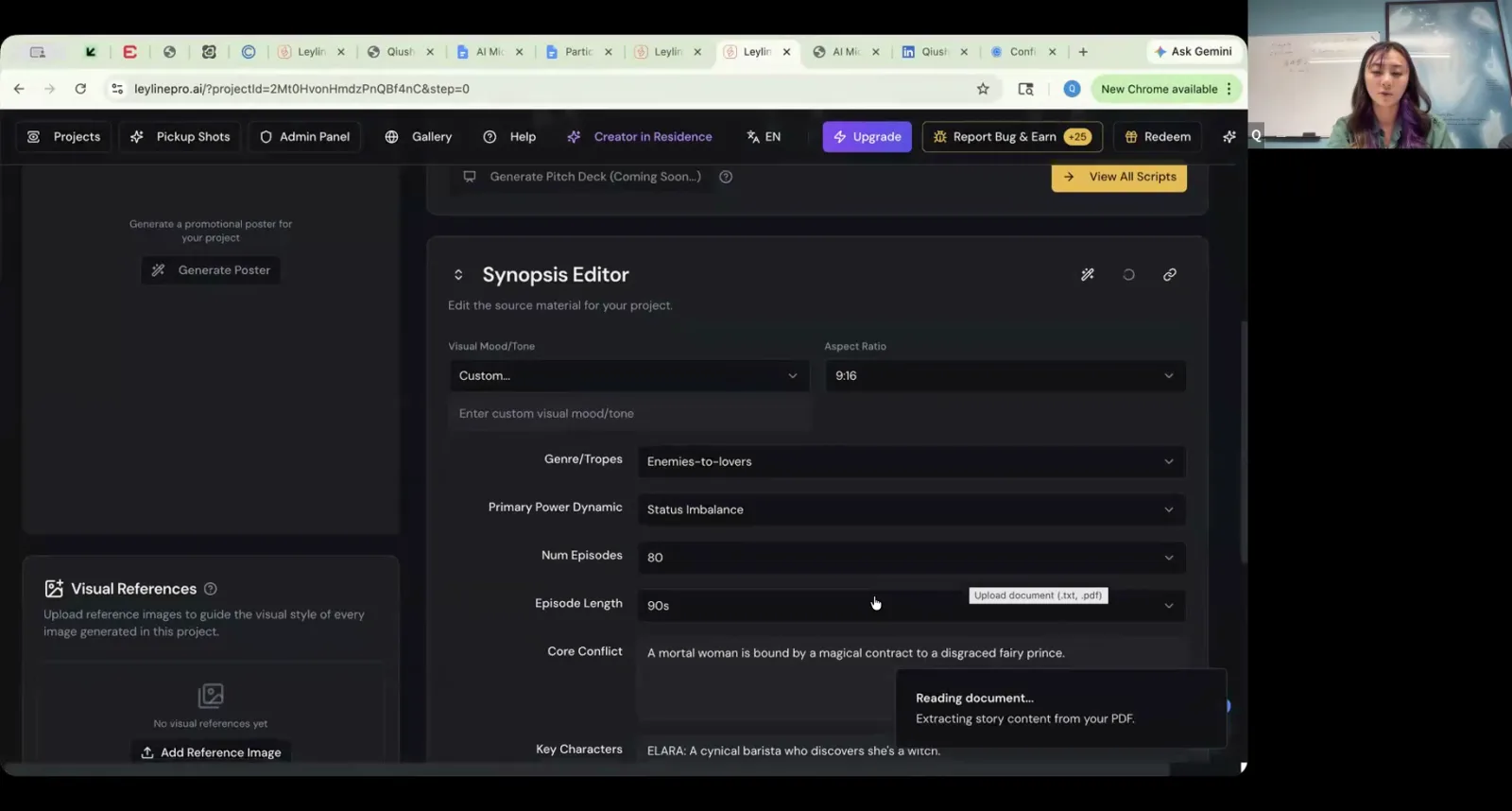 The Synopsis Editor in Leyline, with a pop-up showing a PDF document is being read to extract story content.