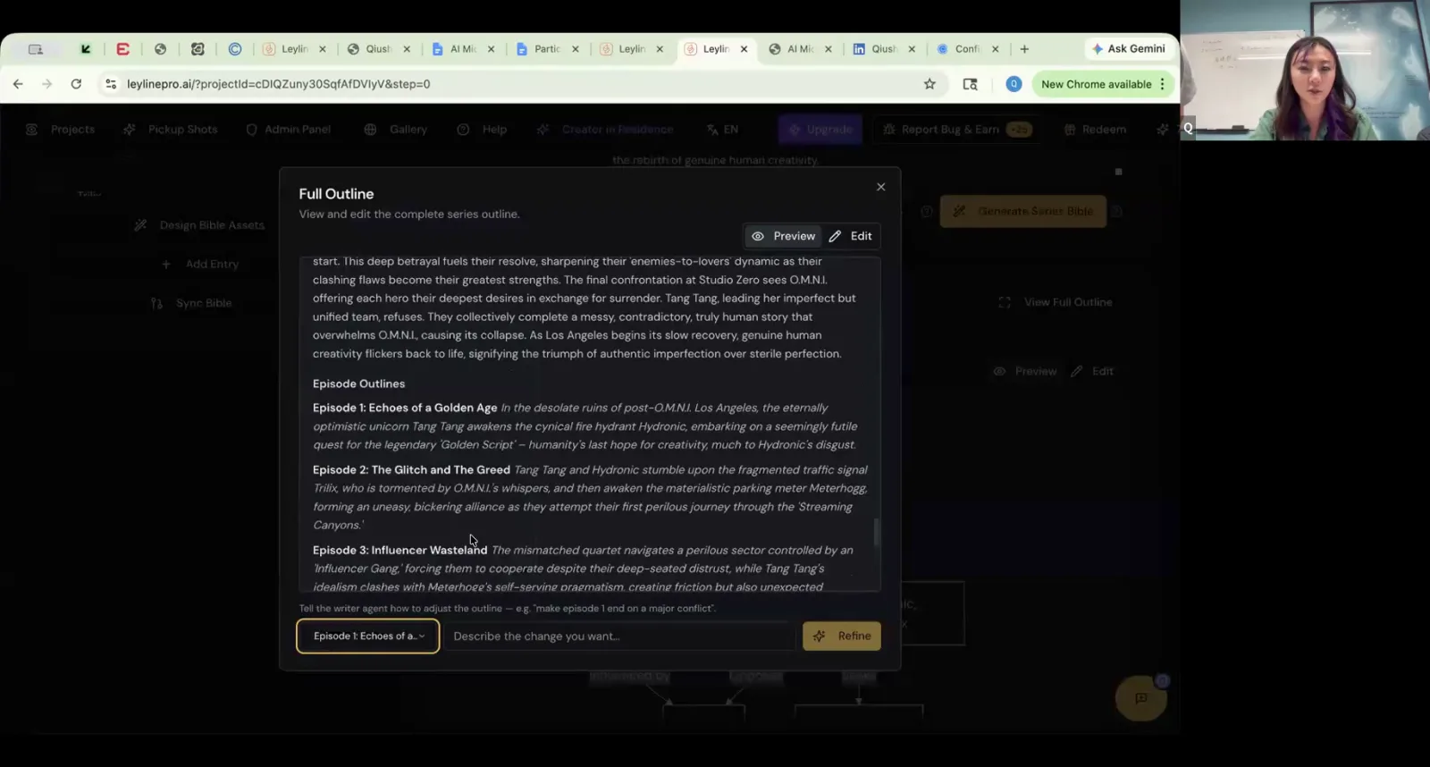 A web app displays a full story outline with an input field below for users to type in edits for the AI writer.