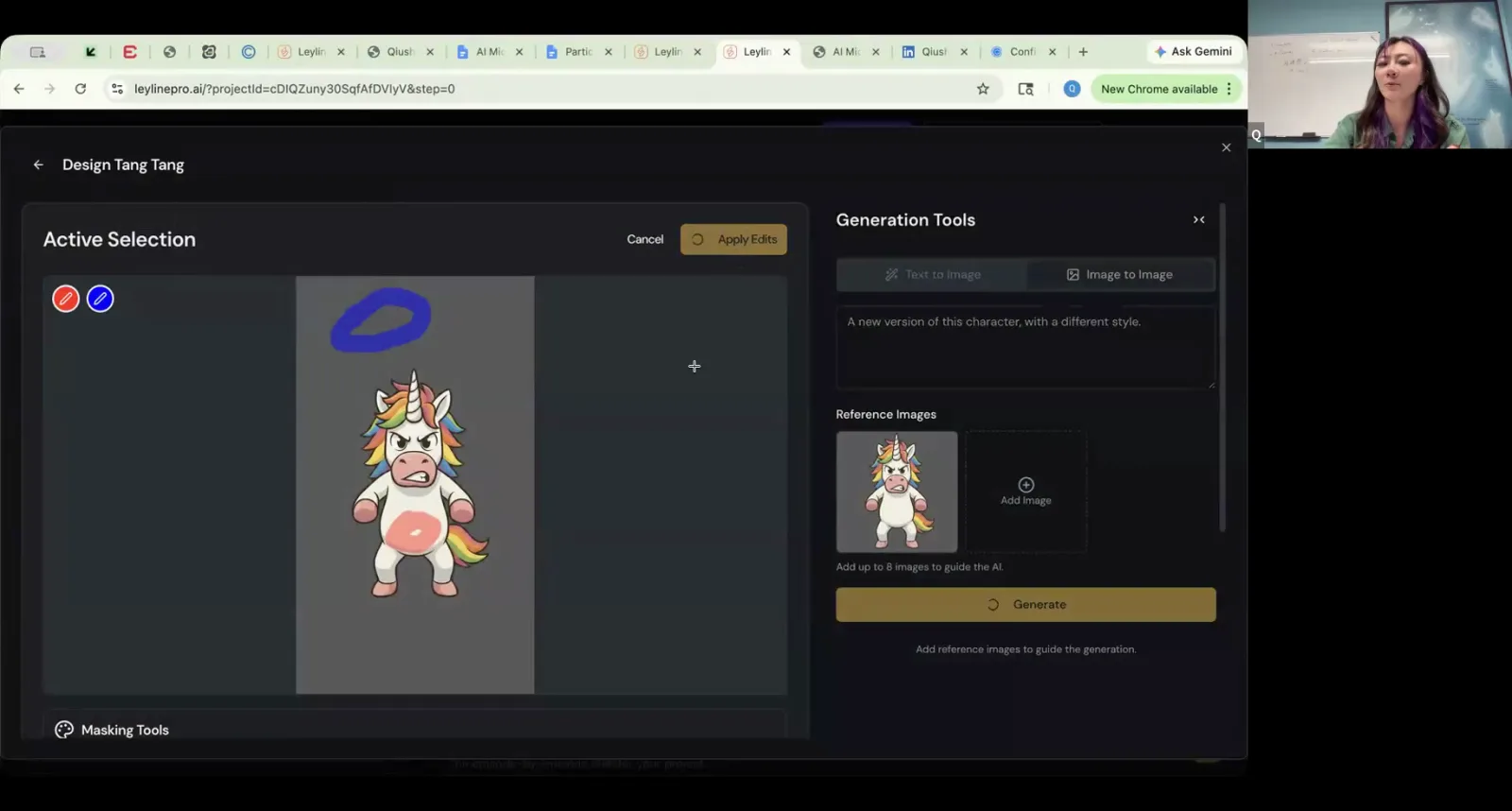 Screenshot of an AI image editor showing a cartoon unicorn with a blue circle drawn above its head for in-painting.