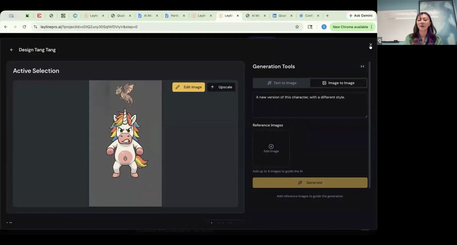 The Leyline Pro AI interface shows an angry unicorn character and a 'Reference Images' panel for guiding AI generation.