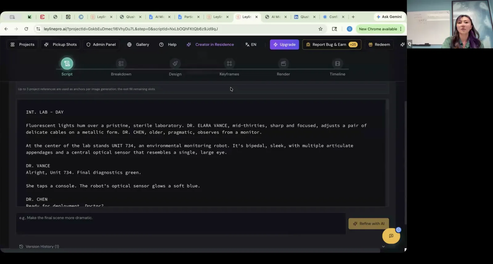 The Leyline Pro AI interface showing a film script loaded into the script editor, with the 'Script' tab selected.