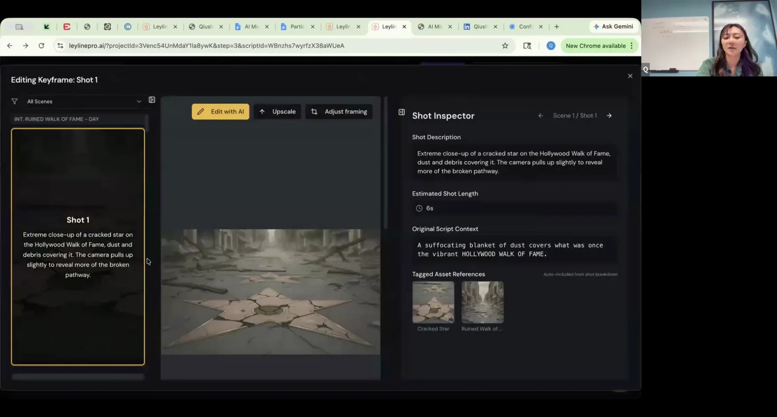 AI filmmaking UI showing a generated keyframe of a ruined Hollywood star, with its shot description and asset references.