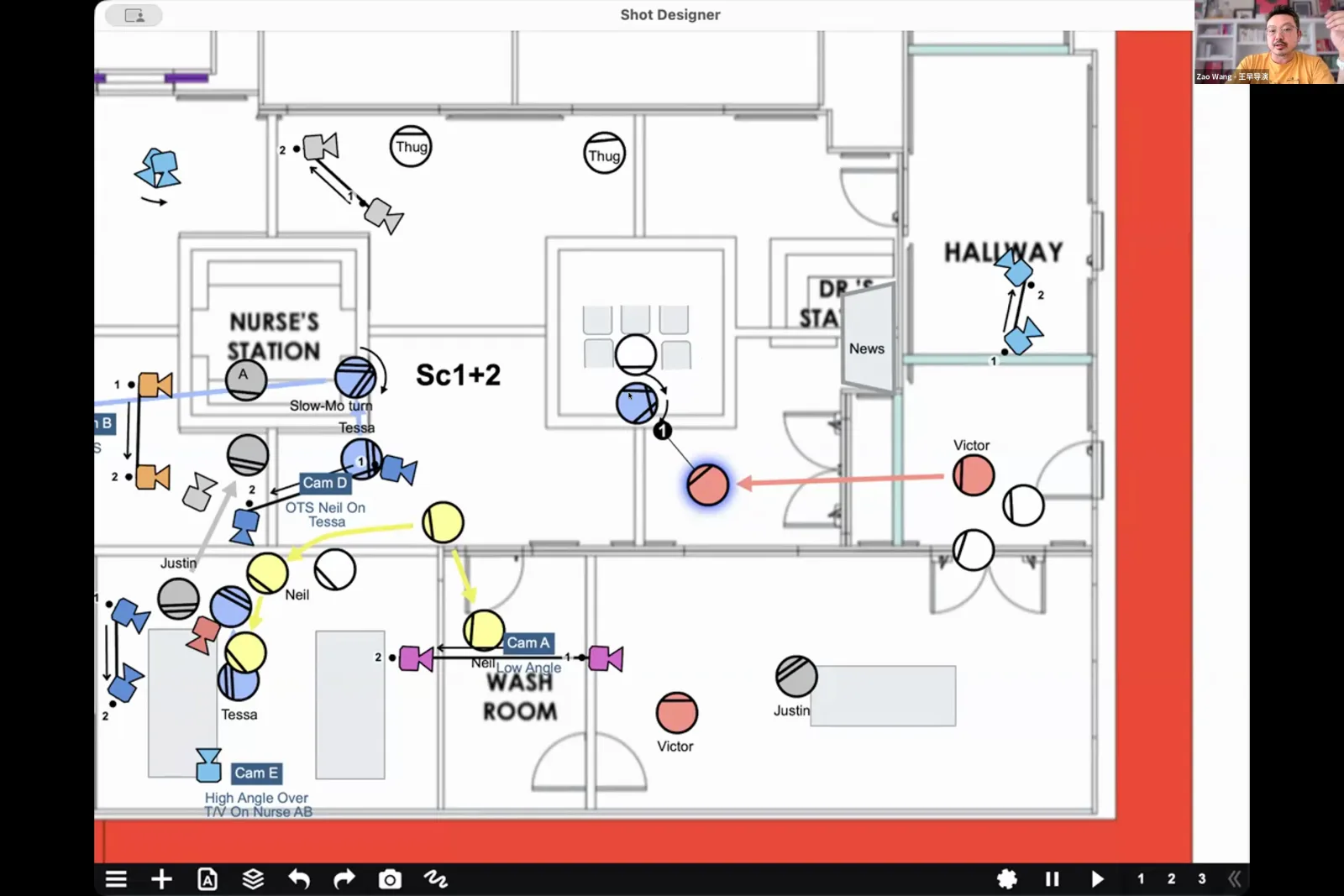A digital floor plan in Shot Designer software showing character blocking and camera placements for a complex film scene.
