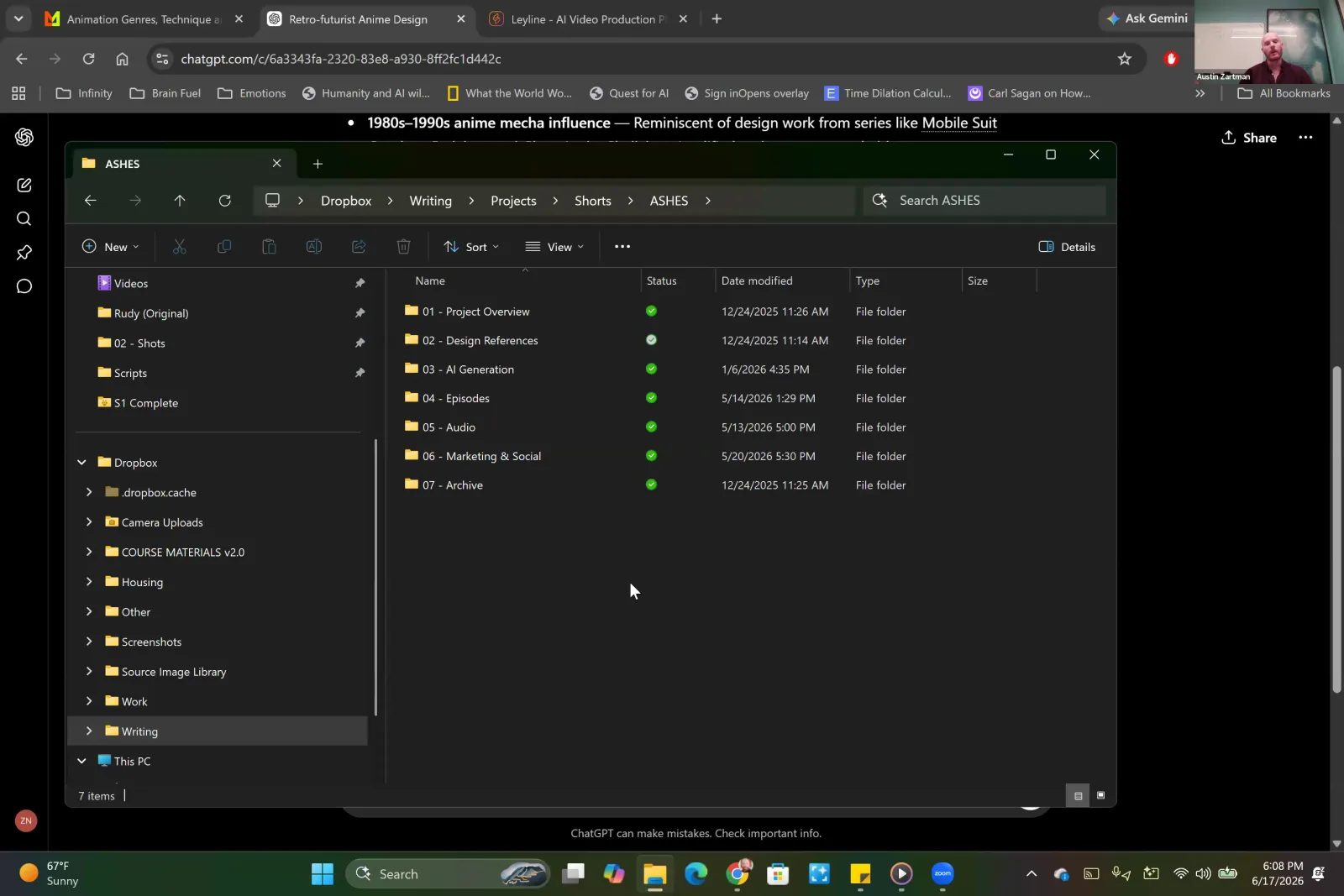 A file explorer window displays the 'ASHES' project folder, which contains organized subfolders for production assets.