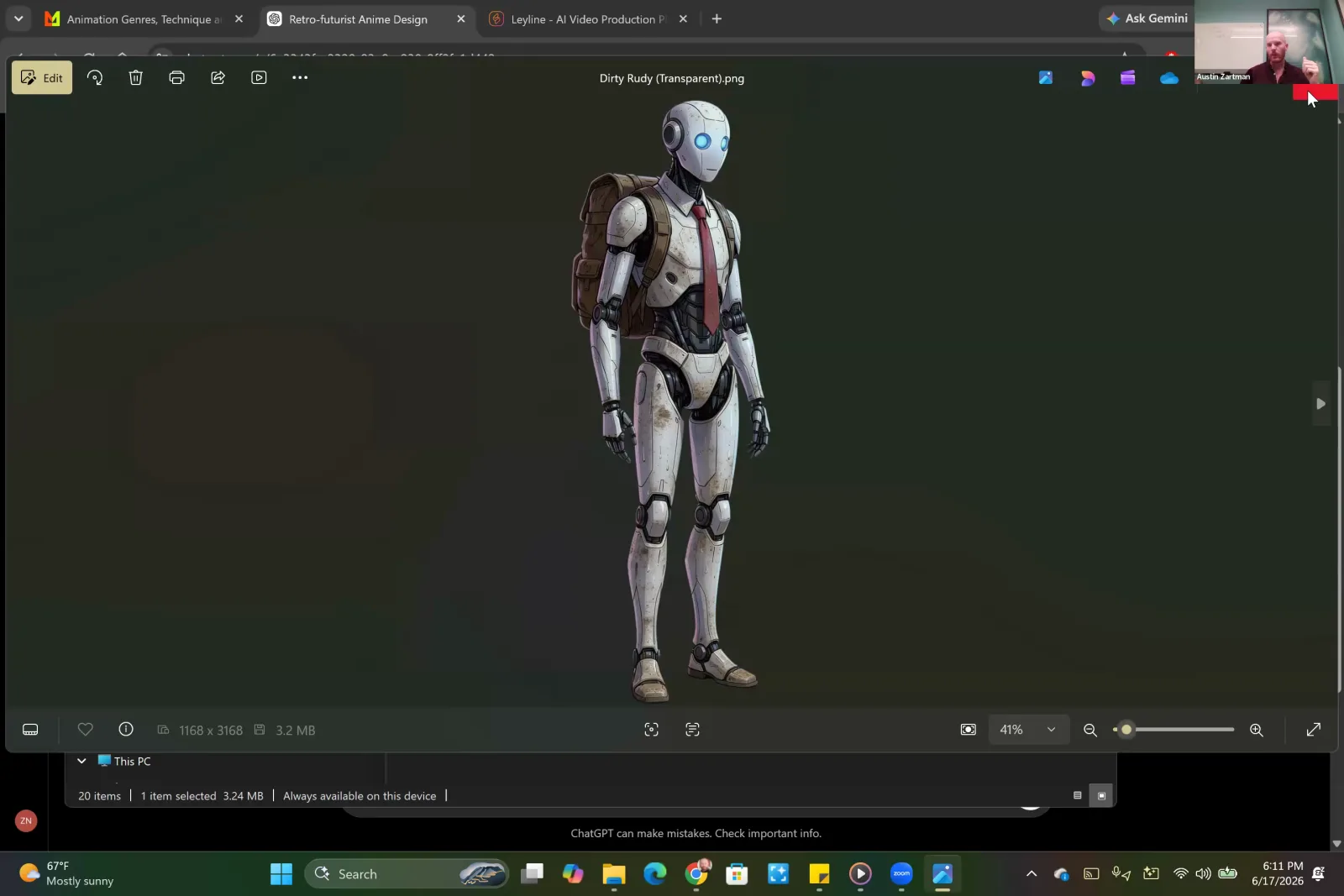 A full-body image of a retro-futurist robot character, named Dirty Rudy, is displayed in an image viewer.