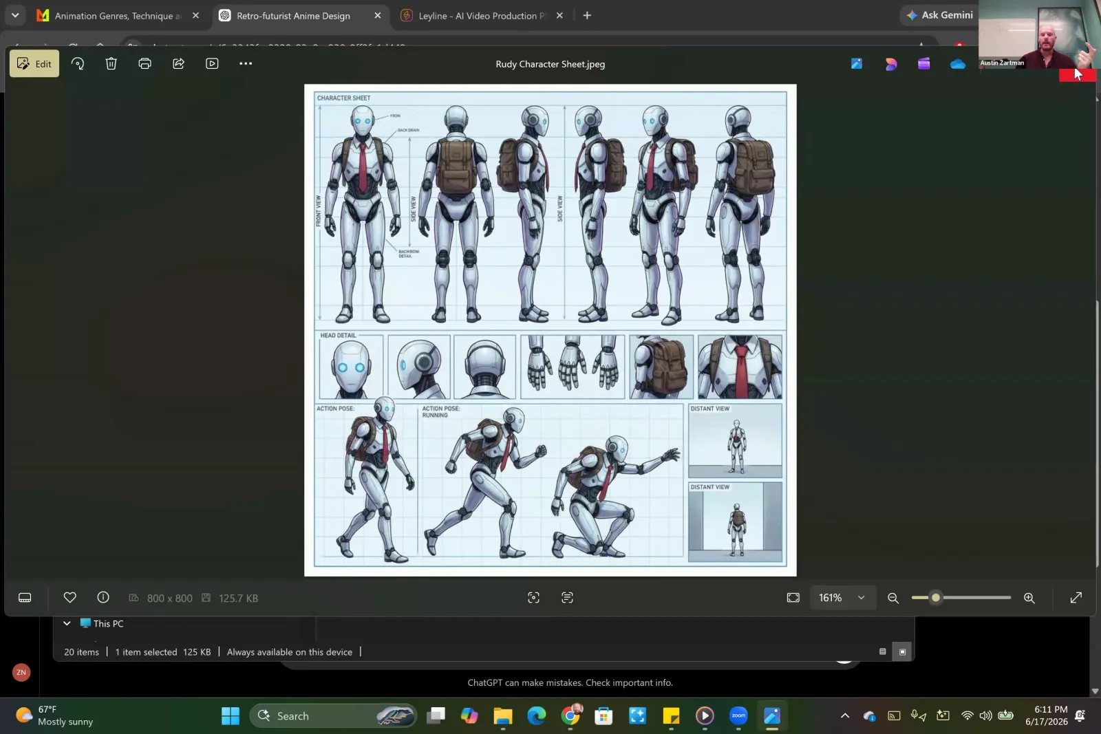 A character sheet for a robot named Rudy, showing multiple views, details, and action poses like running and crouching.