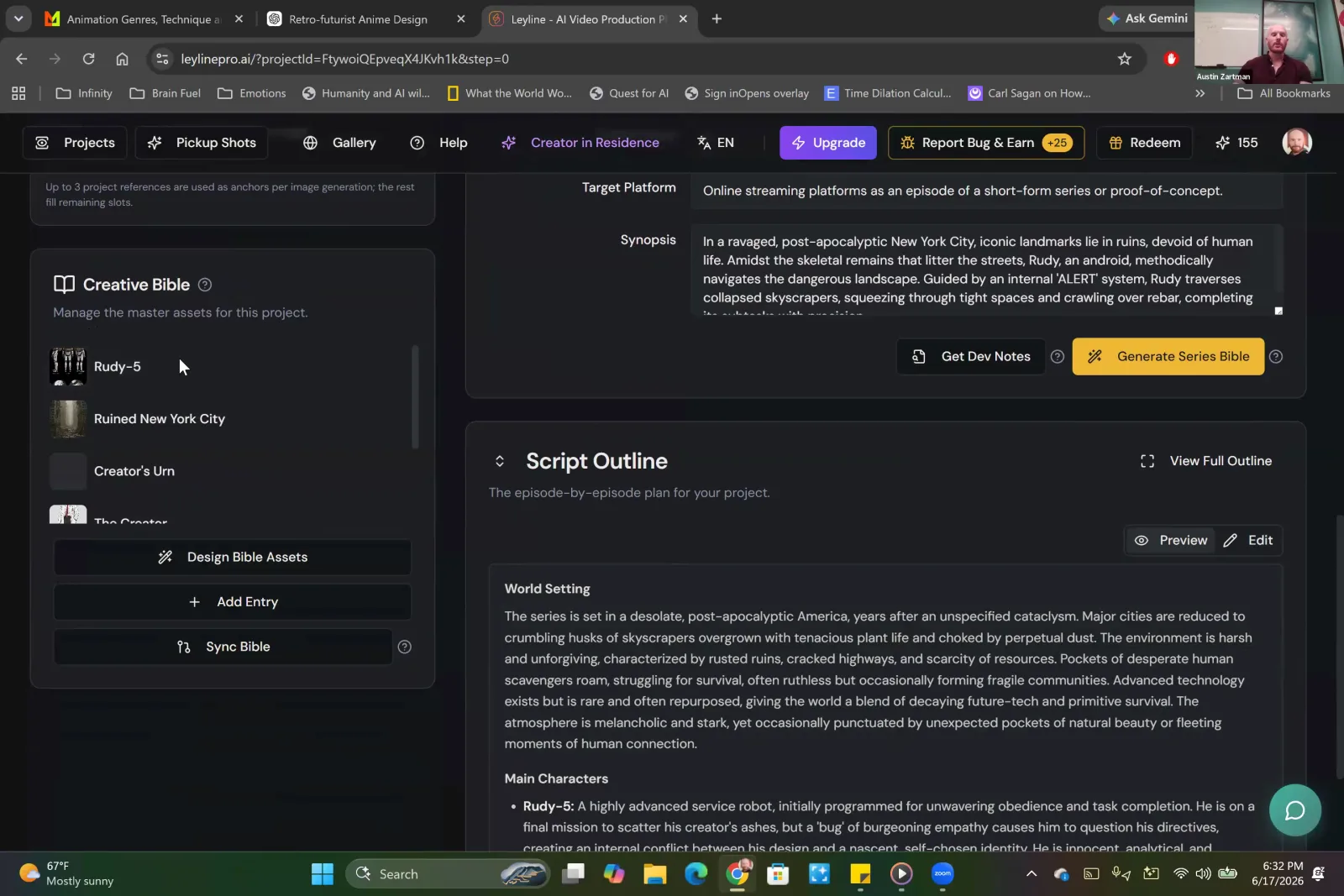 The Leyline project dashboard, showing the Creative Bible with assets like characters and settings, and the 'Design Bible Assets' button.