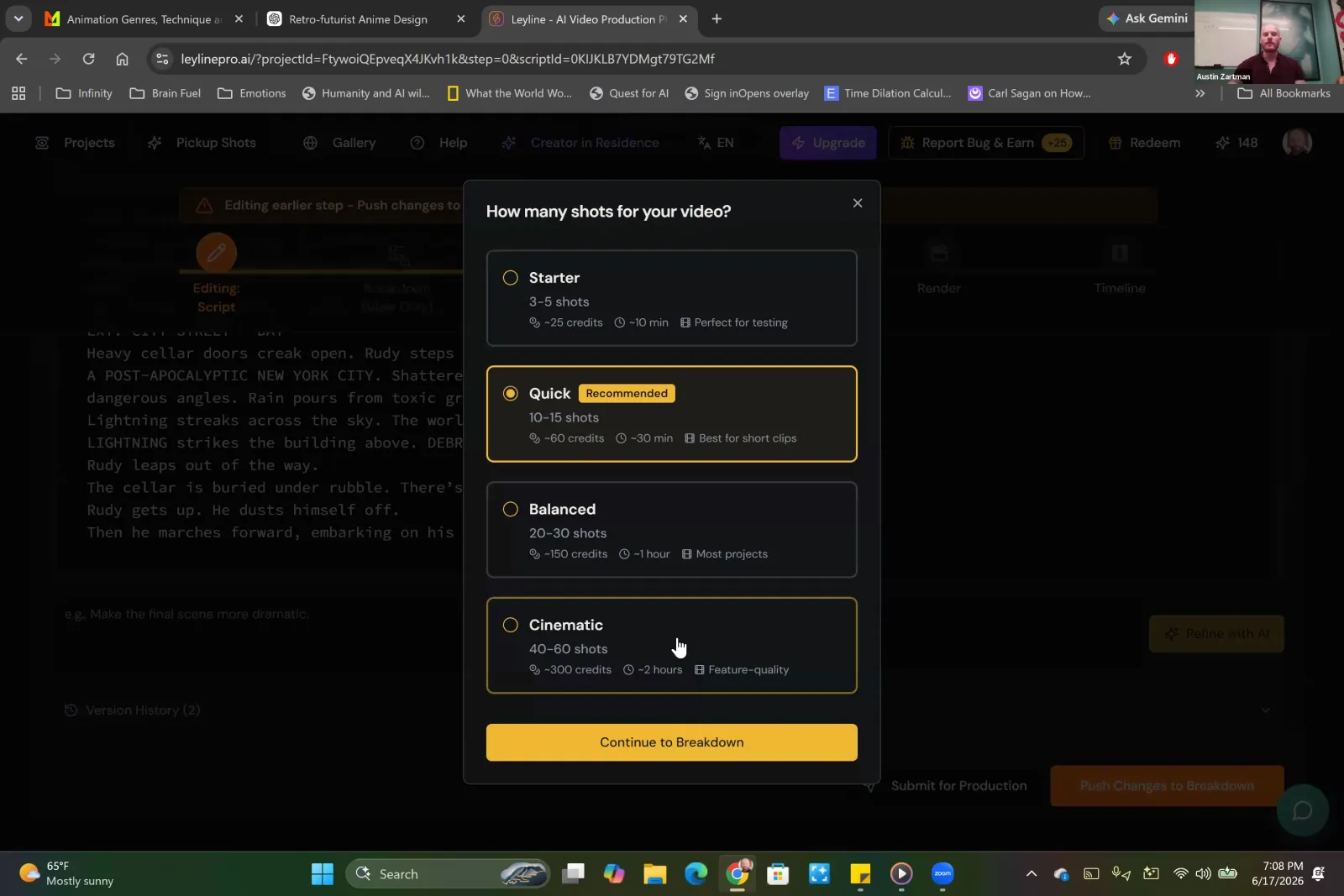A modal in Leyline AI asks 'How many shots for your video?', with the 'Cinematic (40-60 shots)' option selected.
