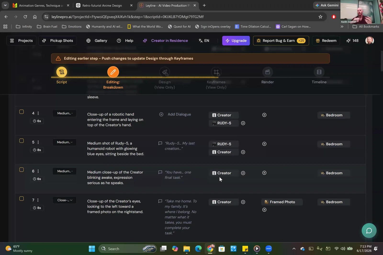 The Leyline AI video tool's interface shows a detailed shot list with columns for action, dialogue, characters, and setting.