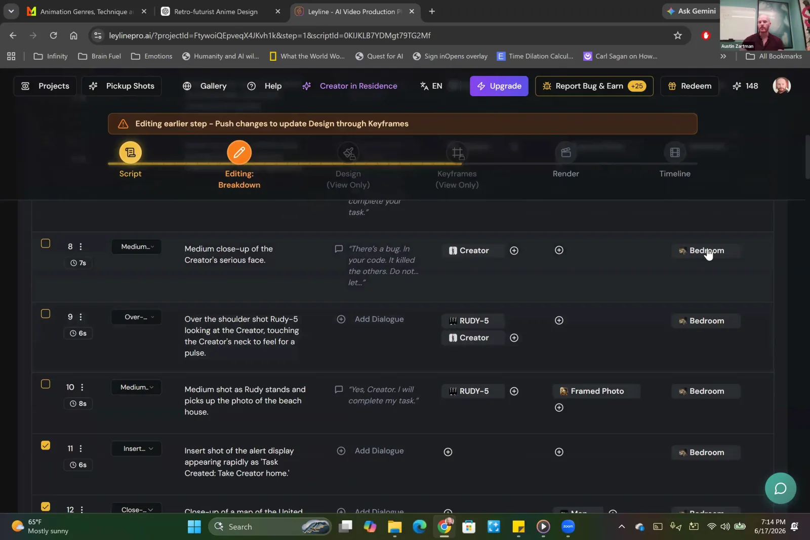 The Leyline AI filmmaking UI showing a script breakdown with identified characters, props, and locations for each shot.