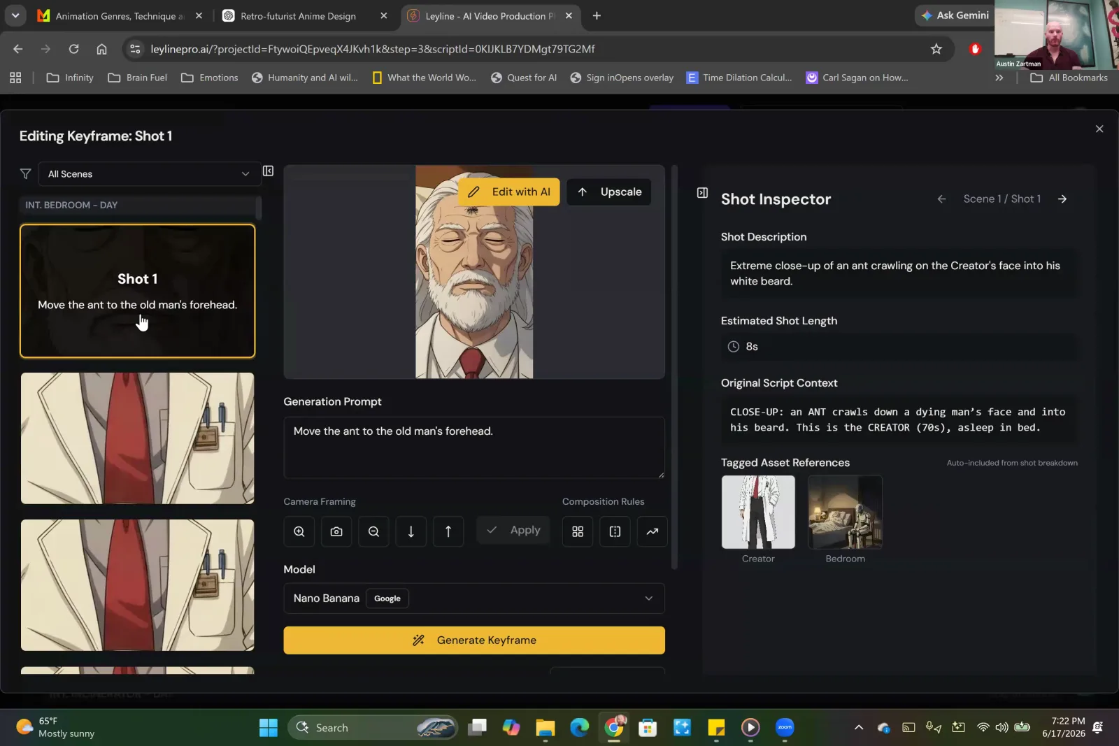 The Leyline AI video tool's keyframe editor, showing a prompt and a 'Generate Keyframe' button for Shot 1.