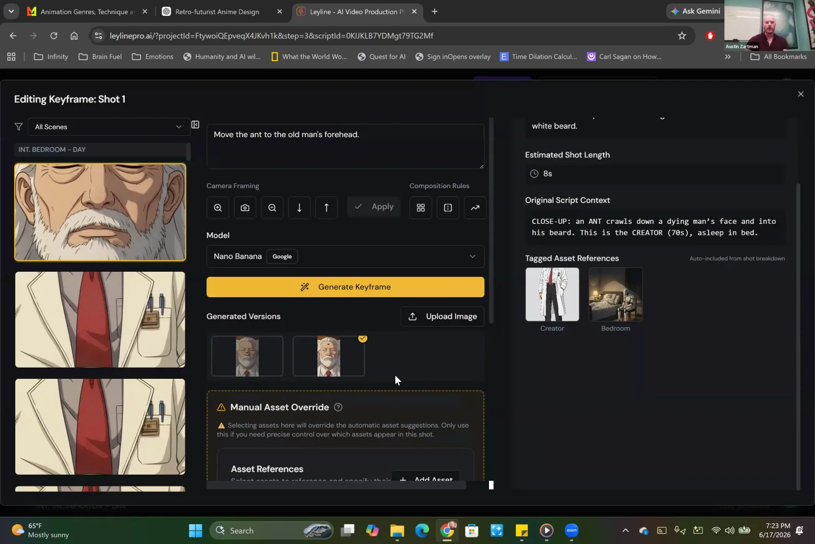 The Leyline AI editing interface shows a text prompt used to move an ant onto a character's forehead in a generated image.