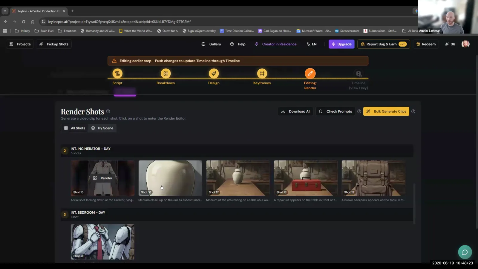 The Leyline AI video production interface, showing the 'Render Shots' screen with storyboard thumbnails.