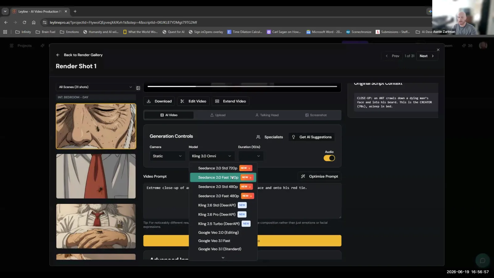 Leyline AI video tool UI showing Generation Controls. The cursor selects 'Seedance 2.0 Fast 720p' from the Model dropdown.