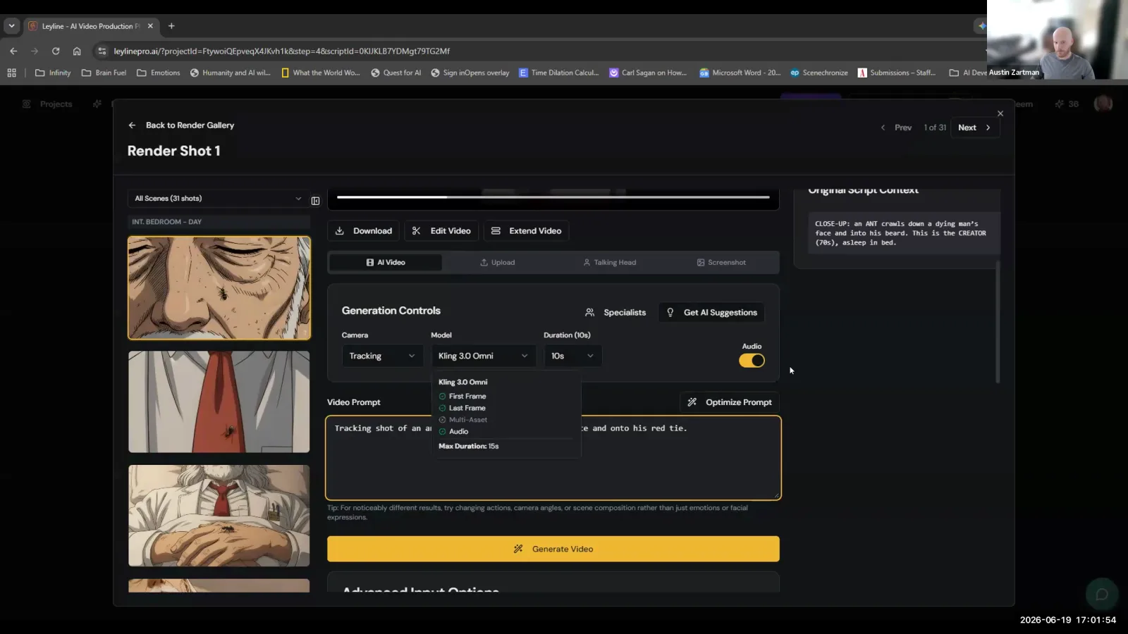 The Audio toggle in the Generation Controls section is switched on, highlighted by a mouse cursor.