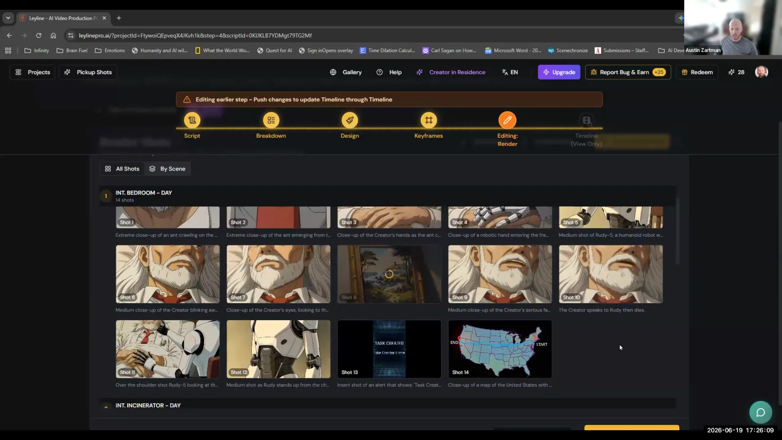 The Leyline AI video editor shows rendered shots and a banner that reads 'Push changes to update Timeline'.