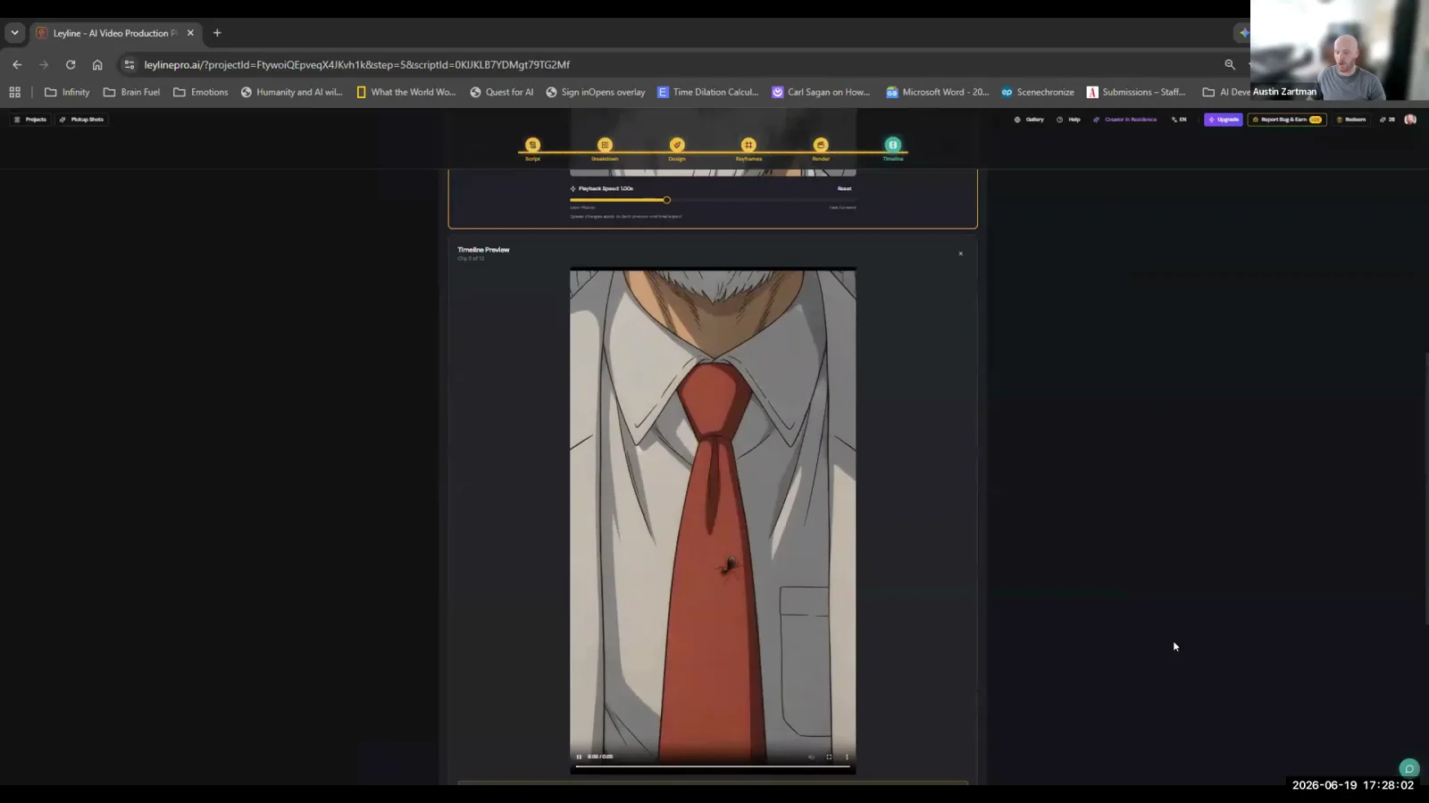 The Leyline AI video editor showing a preview of an animated clip in the timeline view.