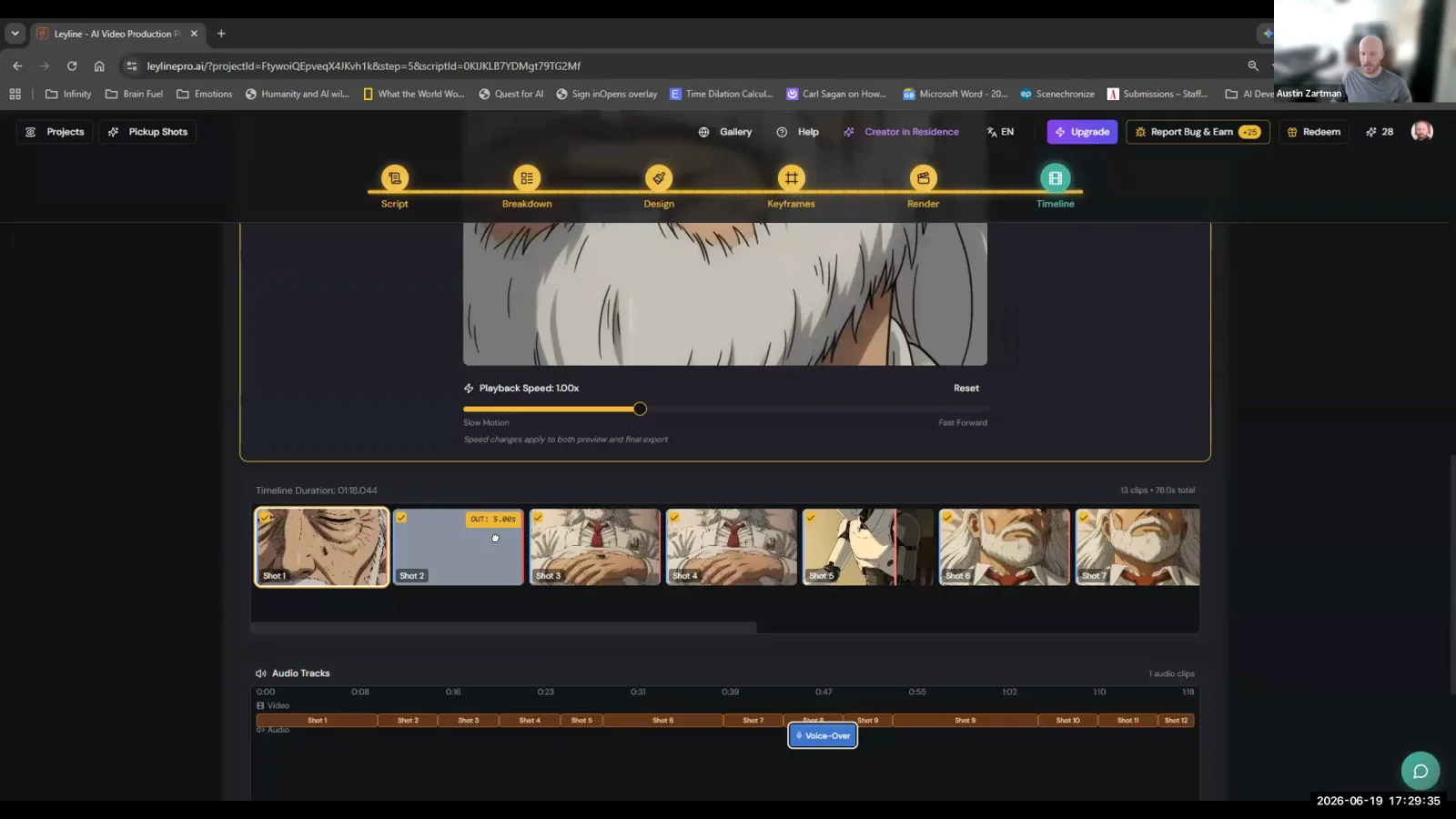 A mouse cursor hovers over the end of a video clip in the timeline, showing a trim handle and an 'OUT: 5.00S' tooltip.