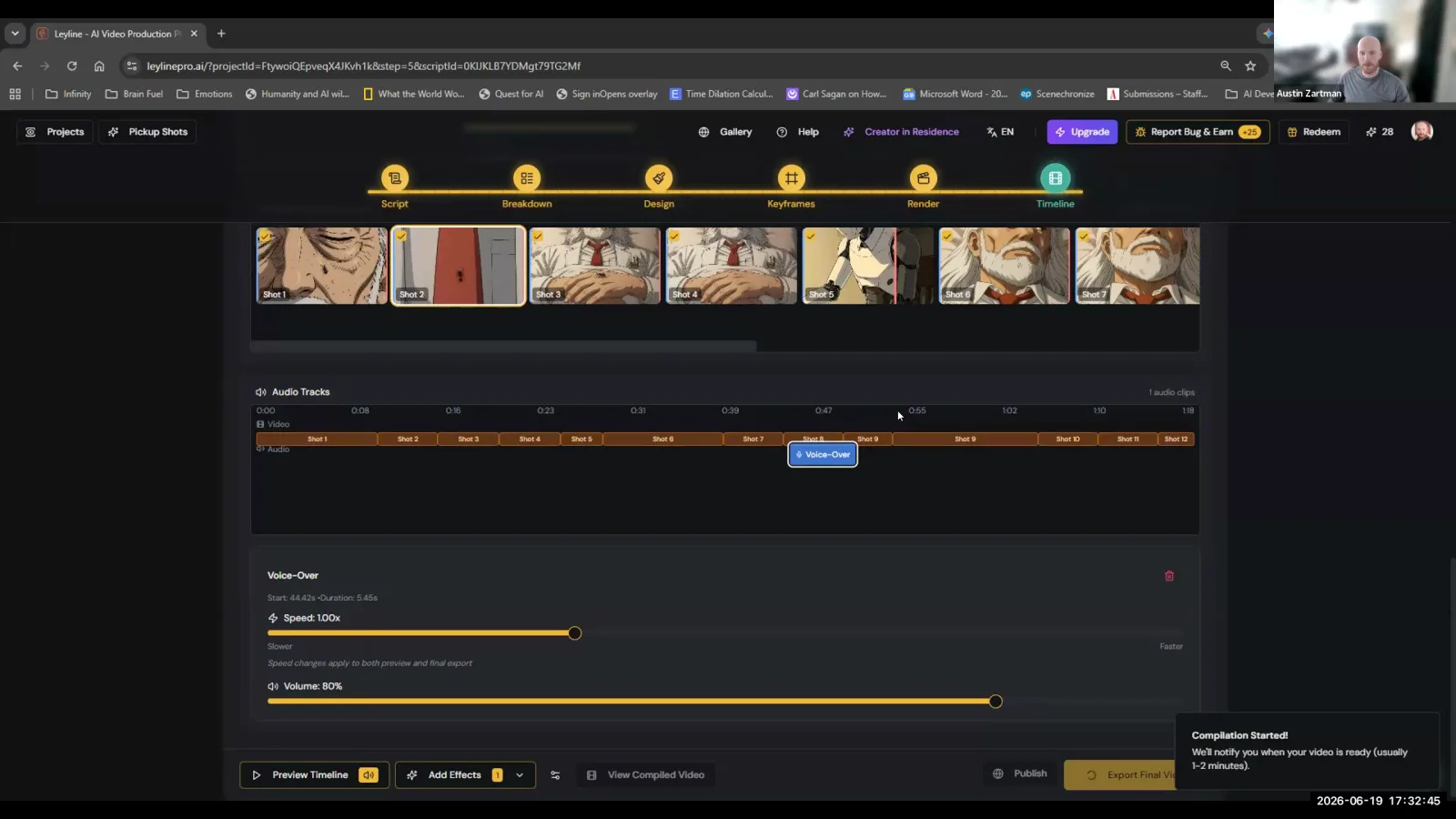 The Timeline view in the Leyline video editor, showing an anime-style video being compiled for final export.