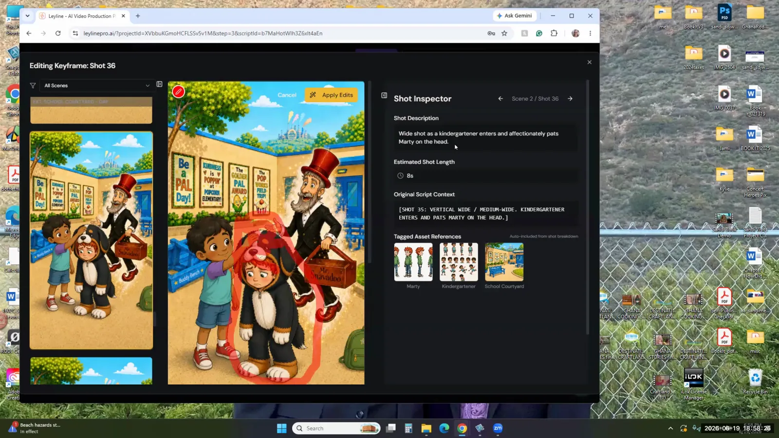 The Leyline keyframe editor, with a character in a dog costume highlighted in red for editing.