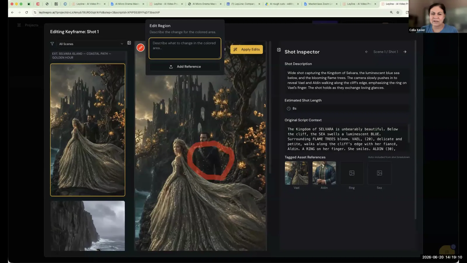 The Leyline AI video editor interface, showing the keyframe editing view for a fantasy scene.