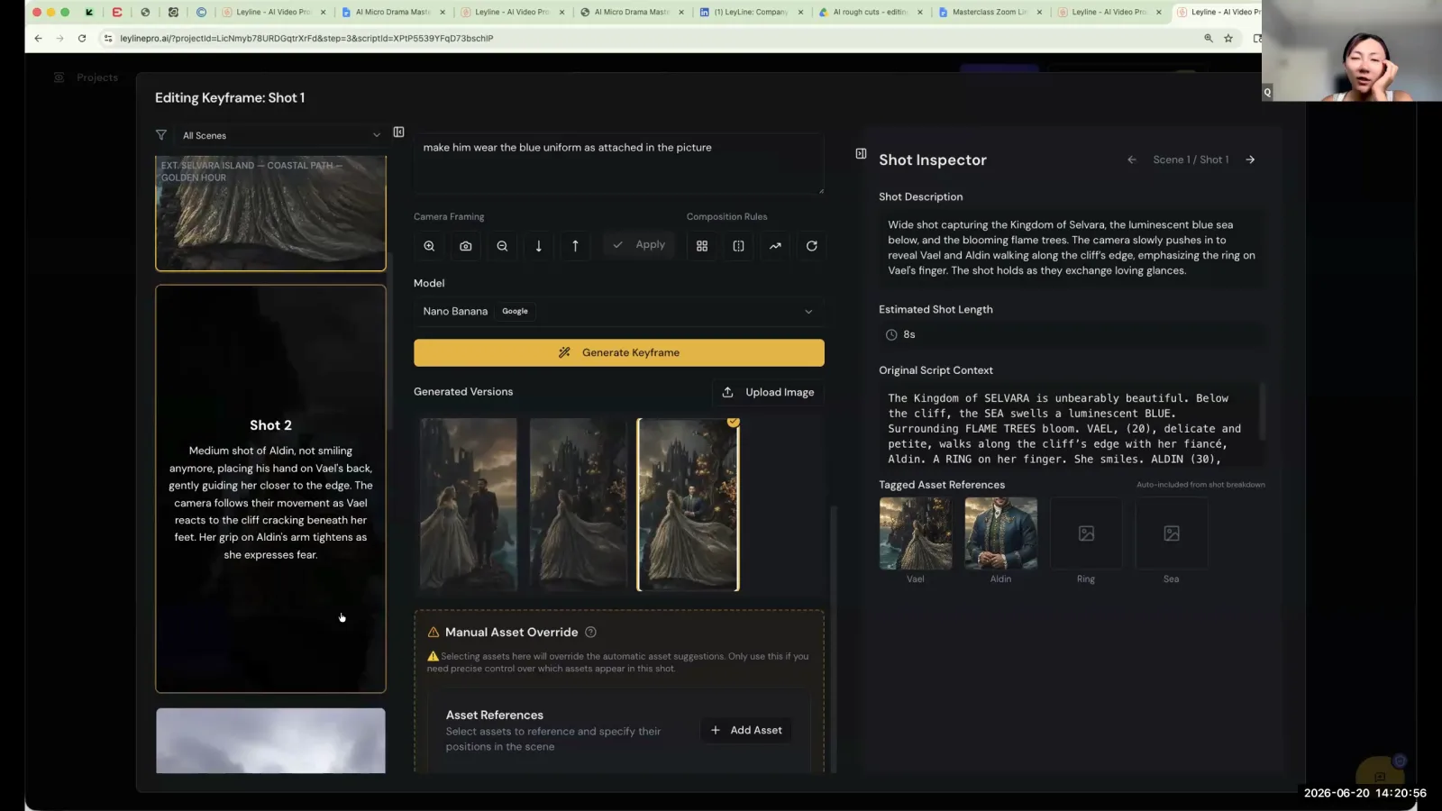 The Leyline AI video production interface showing generated keyframe options for a fantasy scene.