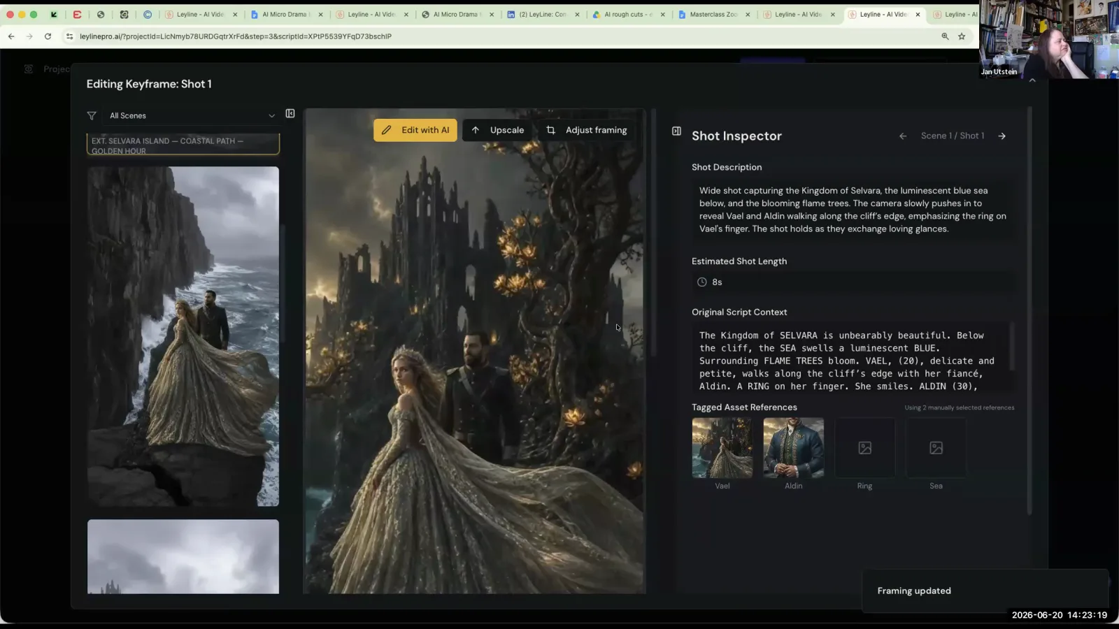 The Leyline AI filmmaking tool displays a newly framed fantasy scene with a couple on a cliff, and a 'Framing updated' notice.