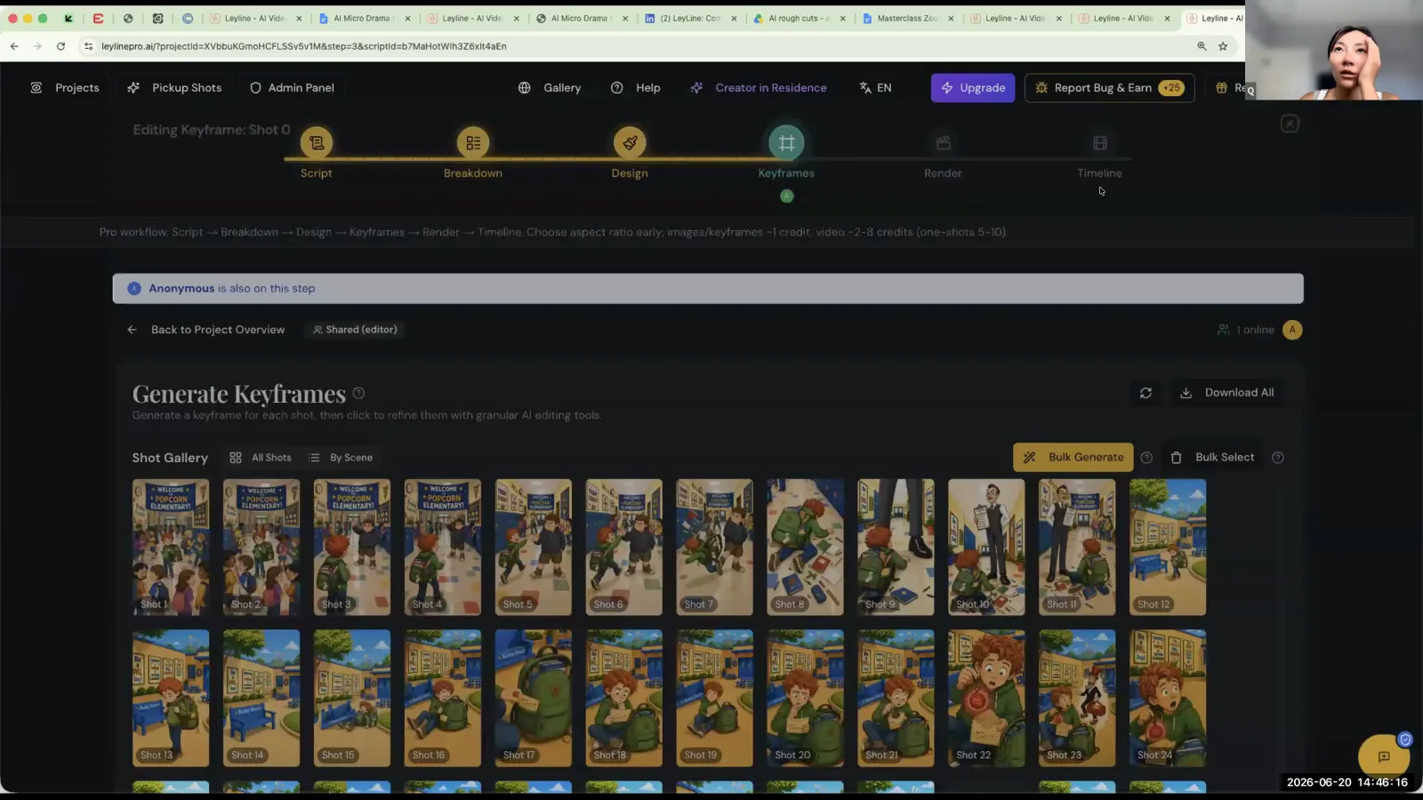 The Leyline AI interface on the Keyframes step, showing a gallery of generated storyboards and the workflow navigation bar.