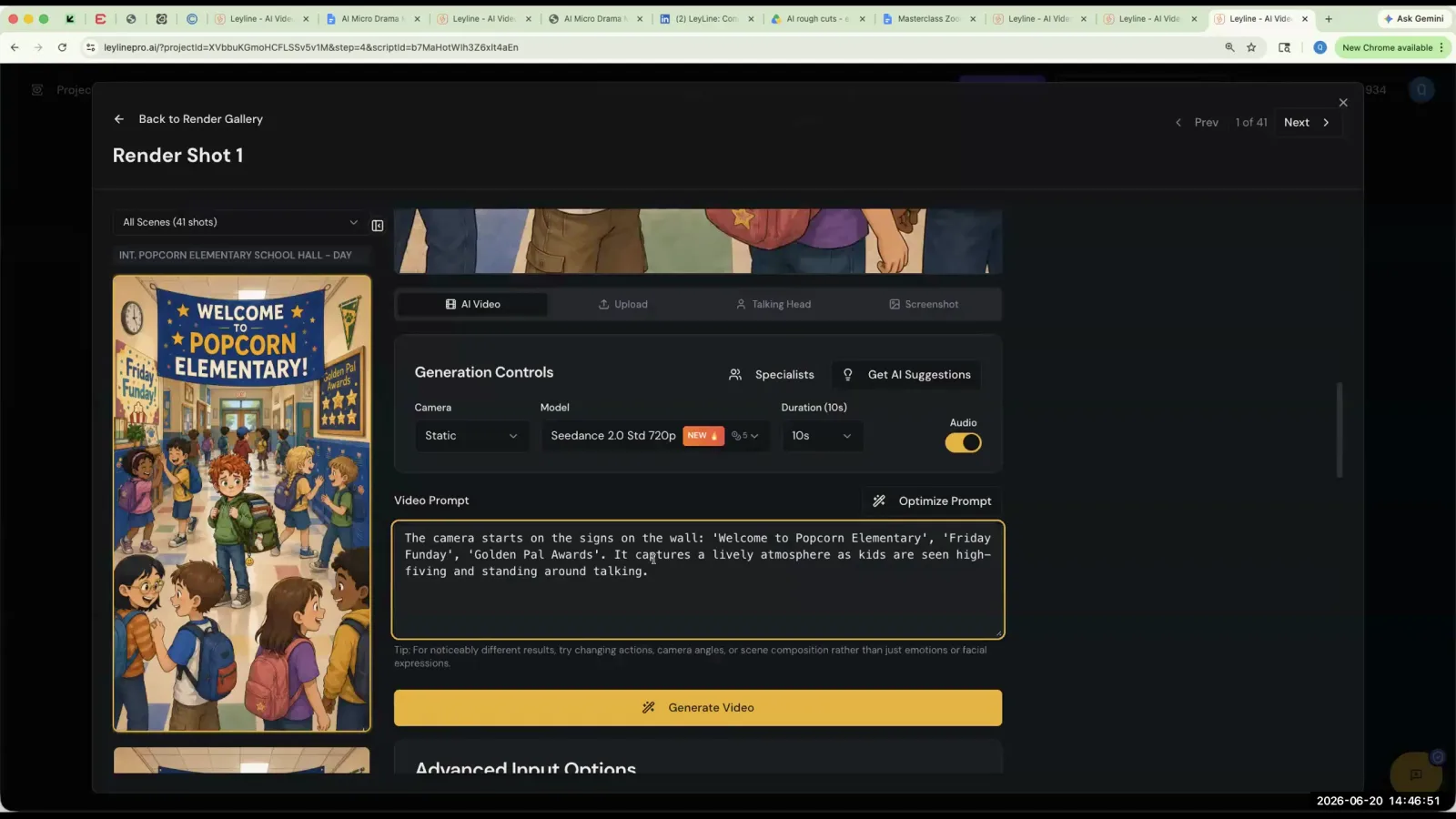 The Leyline AI video tool's interface, showing the 'Video Prompt' text box for describing a scene's animation.