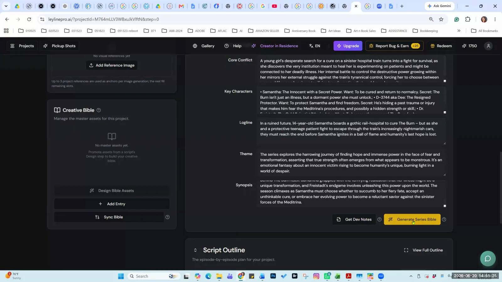 The Leyline Pro interface showing populated story details and the 'Generate Series Bible' button highlighted.