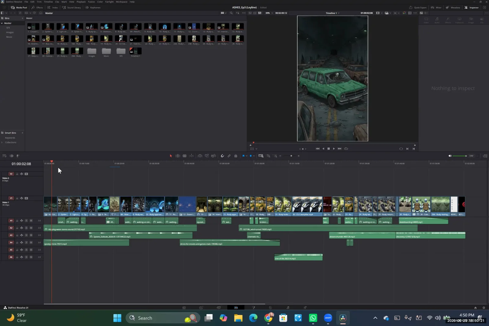 The DaVinci Resolve user interface, showing the media pool, timeline with video and audio clips, and a preview monitor.