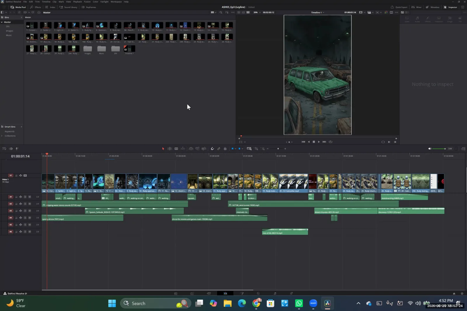 The DaVinci Resolve interface shows the Media Pool with imported image and audio assets organized into folders.