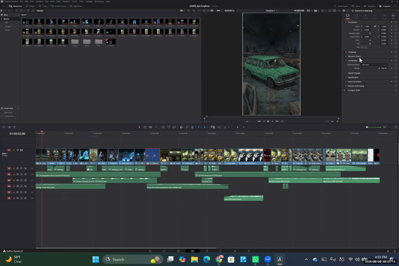 The DaVinci Resolve interface with the Inspector panel open, showing Transform and Dynamic Zoom settings for a selected clip.