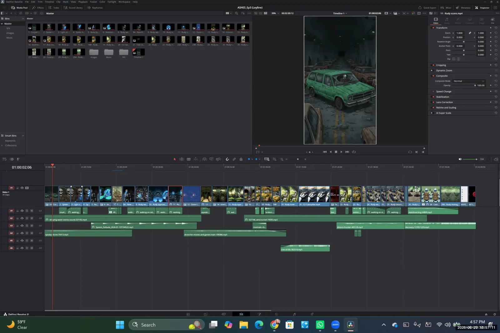 The DaVinci Resolve timeline shows a video clip selected with a red border, ready for trimming.