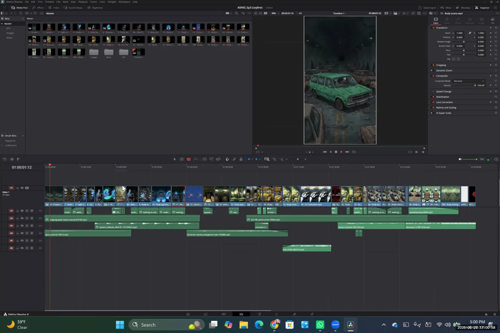 The DaVinci Resolve interface showing the Inspector panel, with options for Transform and Dynamic Zoom for a selected clip.