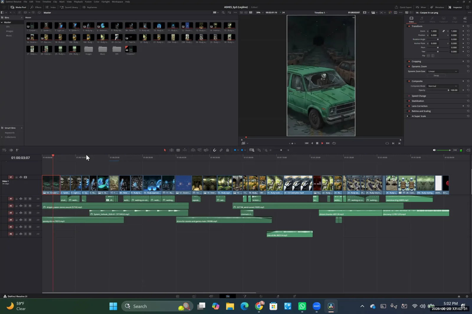 DaVinci Resolve timeline with a static image of a skeleton in a car selected, showing its video properties in the Inspector panel.