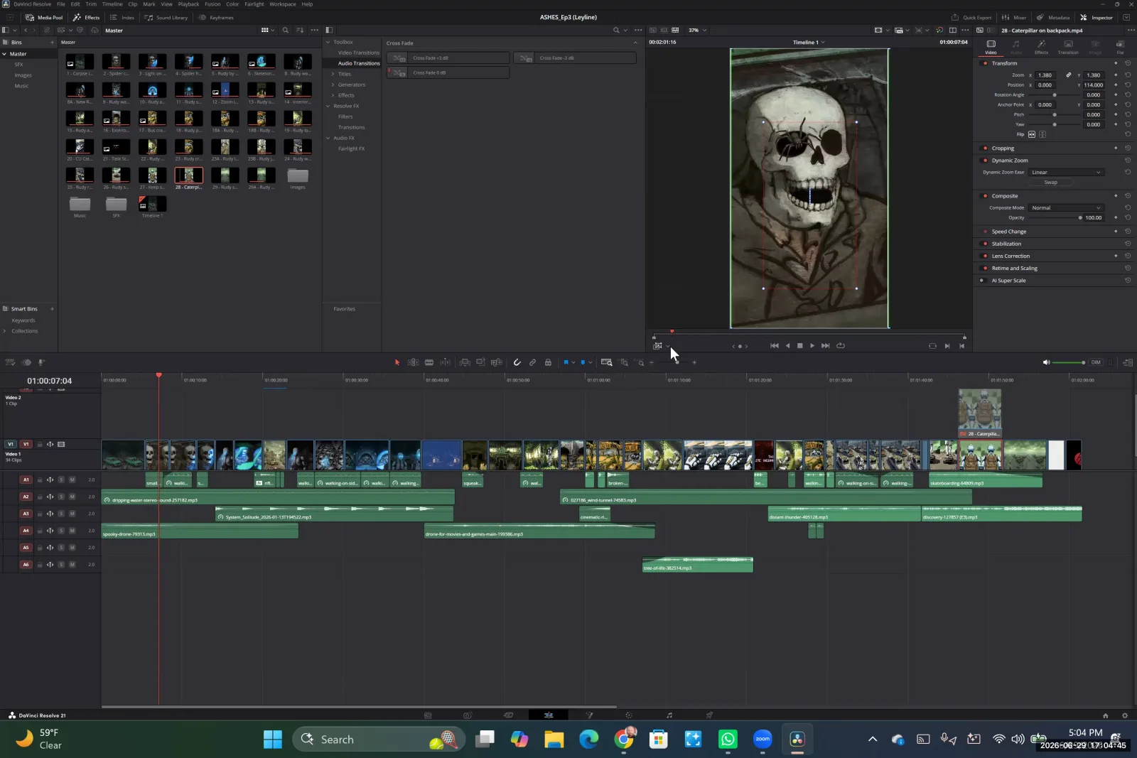 DaVinci Resolve interface showing the Inspector panel with the horizontal Flip button highlighted in the Transform settings.