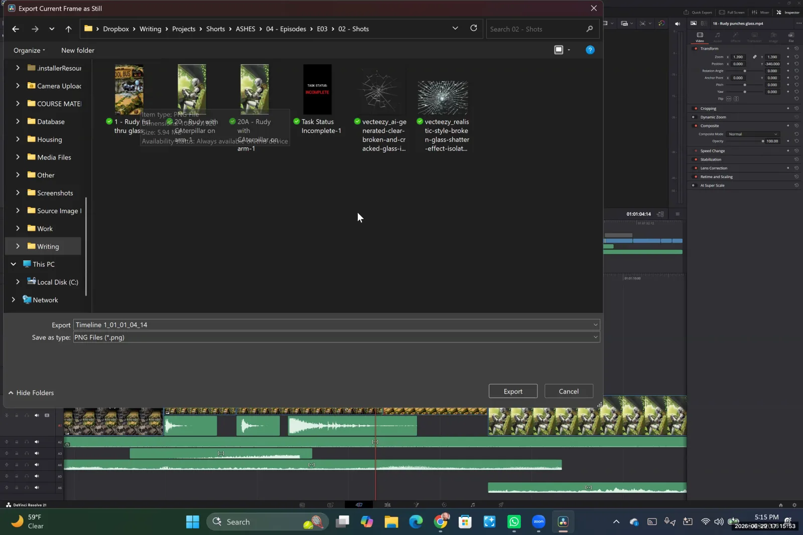 The 'Export Current Frame as Still' window in DaVinci Resolve, showing options to name the file and choose a save location.