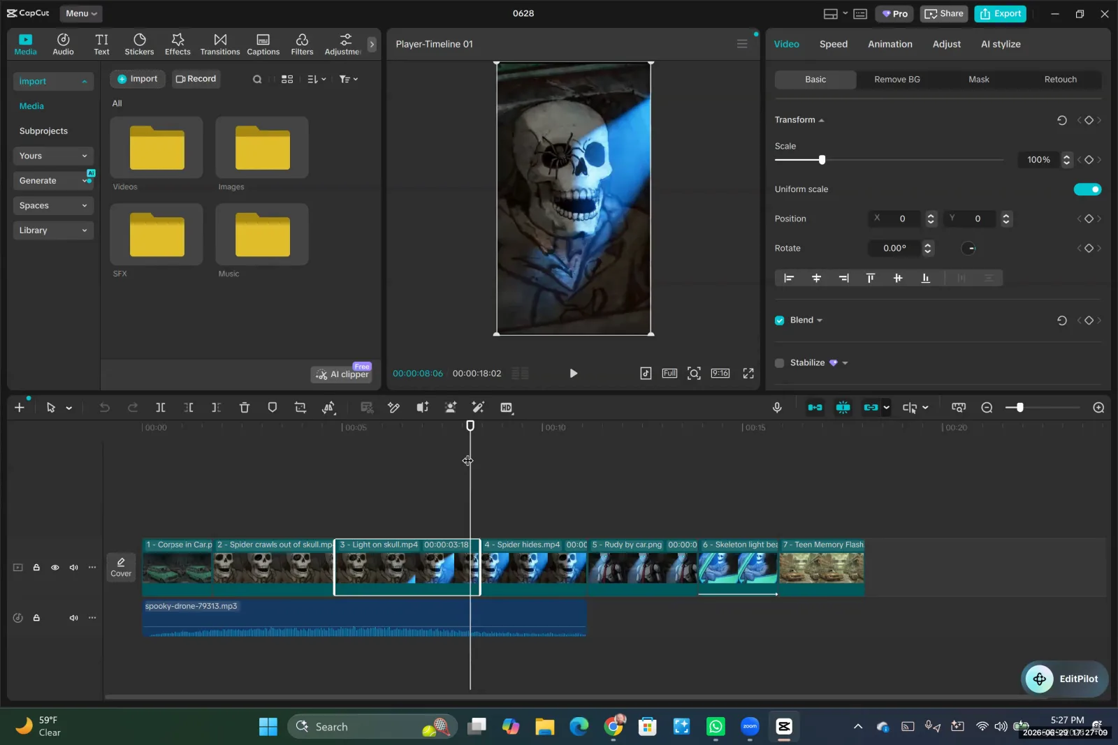 CapCut video editing timeline showing two spooky-themed video clips placed next to each other, with the playhead at the cut.