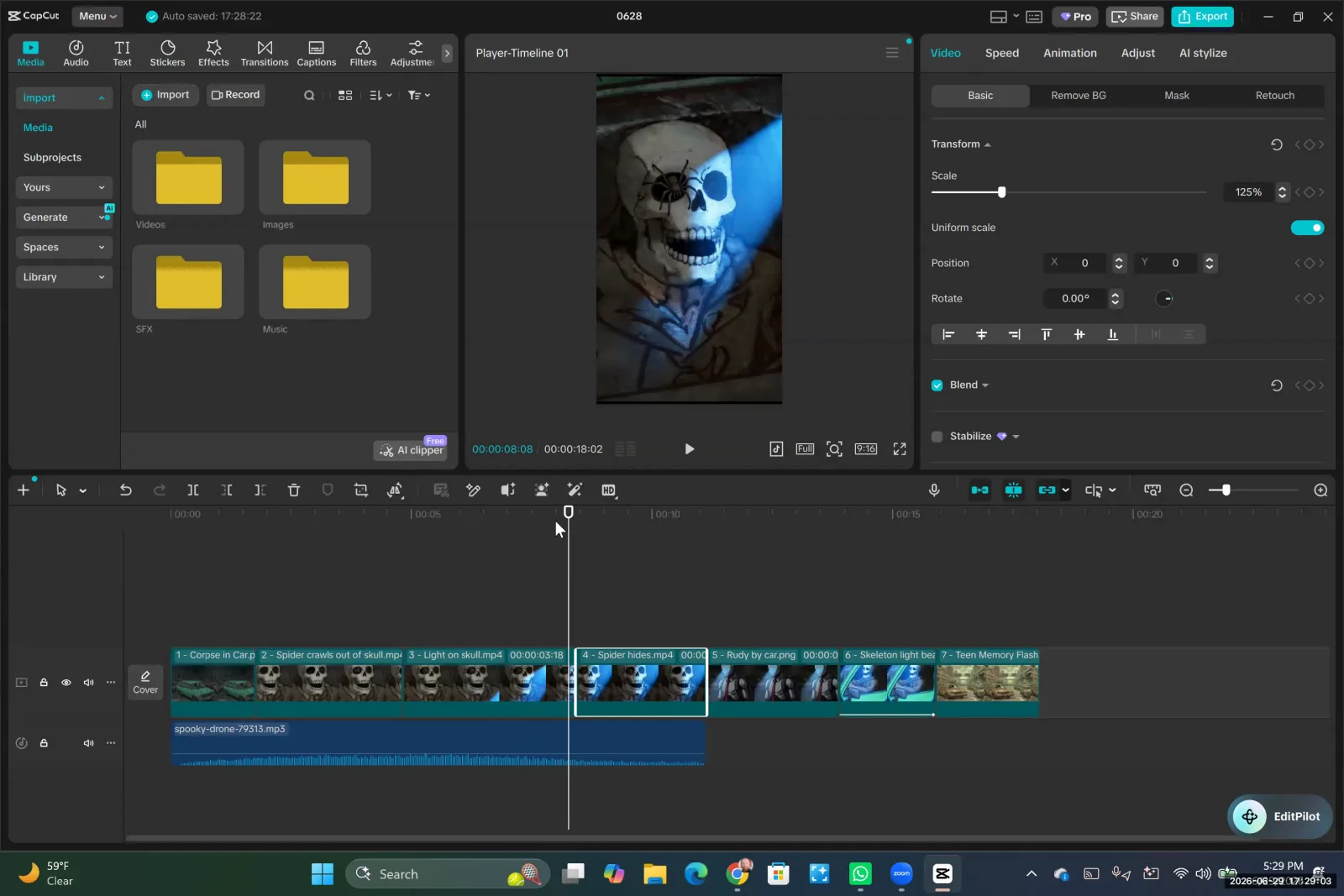 The playhead in the CapCut timeline is positioned at the cut between the first and second video clips.