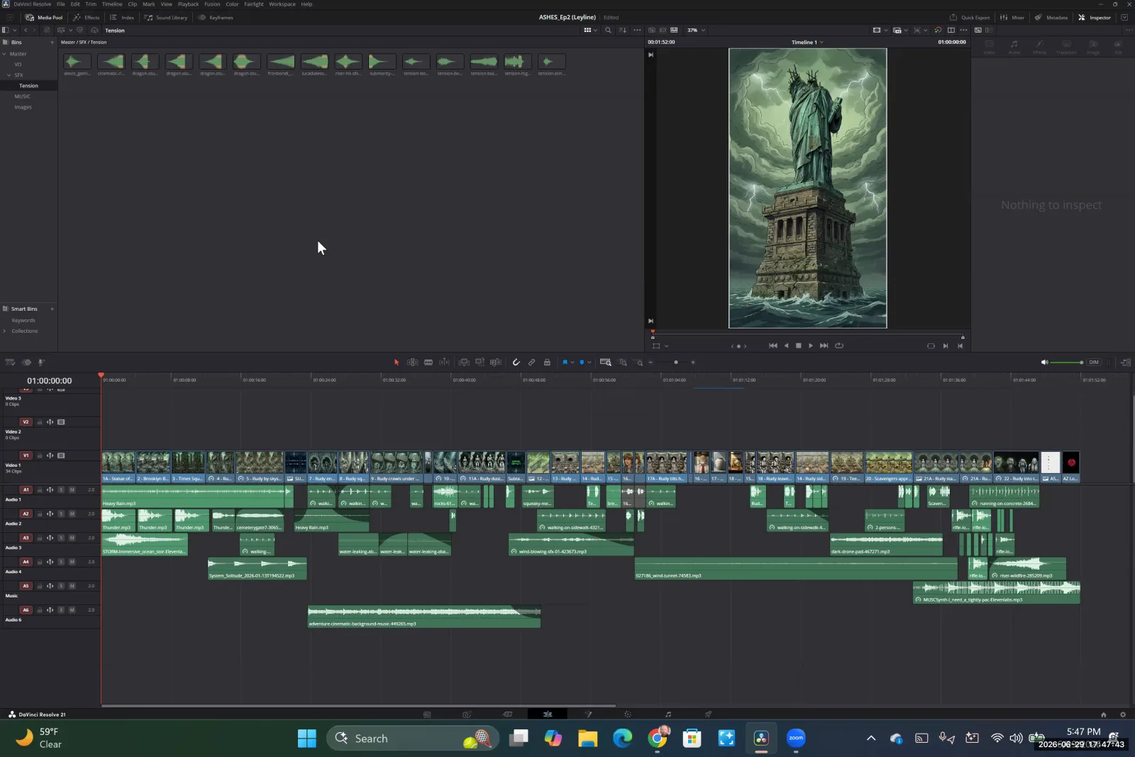 The DaVinci Resolve edit page, showing a timeline with images laid out on Video 1 and audio clips on tracks below.