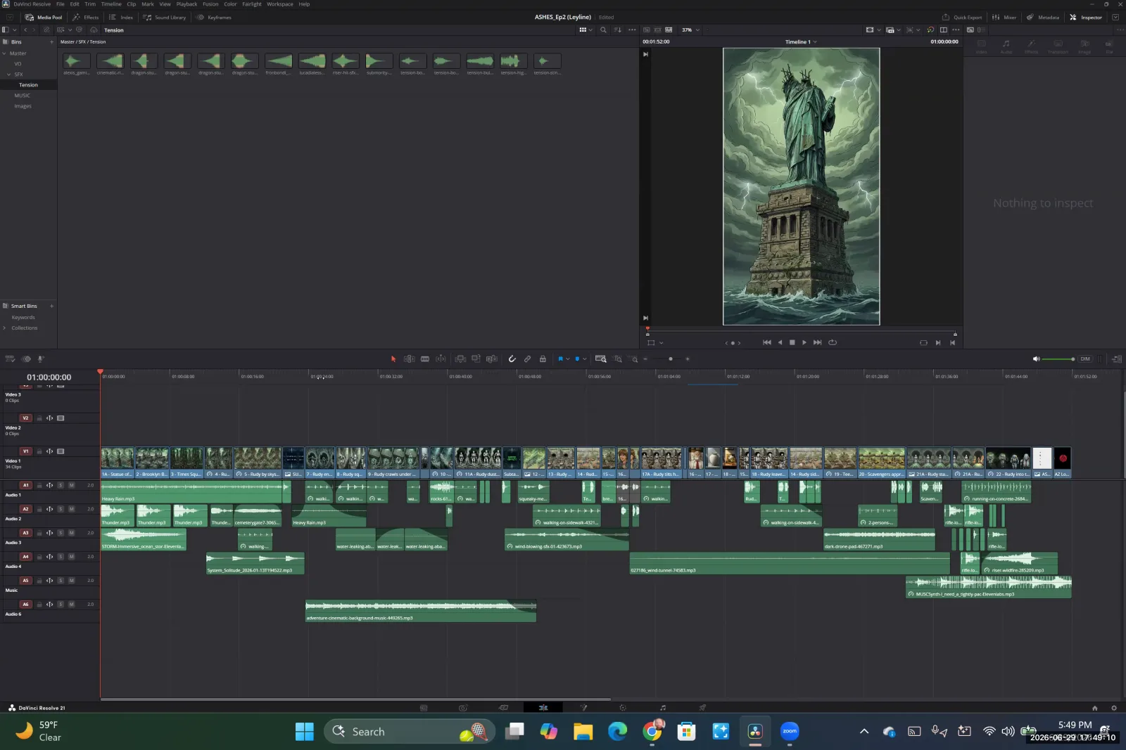 DaVinci Resolve timeline showing separate audio tracks for diegetic sound effects like rain, thunder, and footsteps.