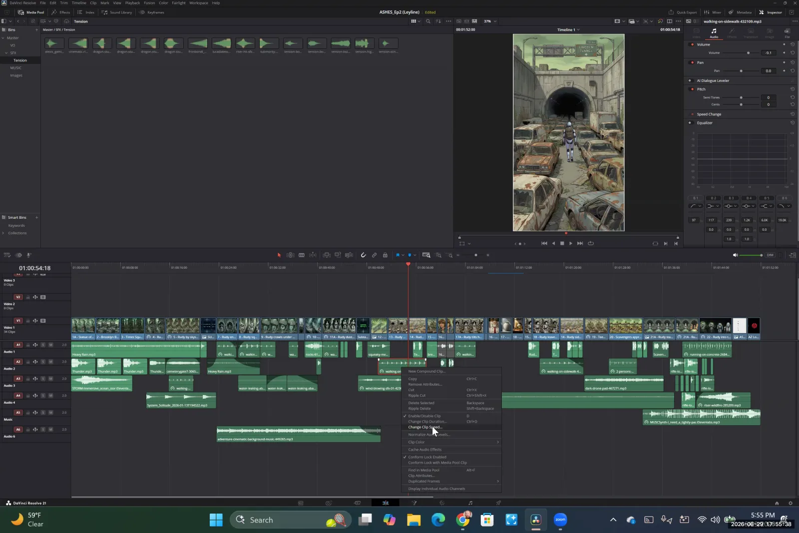 The DaVinci Resolve timeline with a right-click menu open on an audio clip, highlighting the 'Change Clip Speed' option.