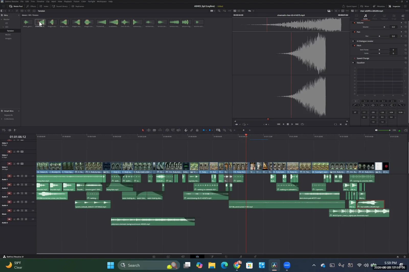 The DaVinci Resolve timeline shows a 'riser' sound effect clip added to an audio track beneath a video storyboard.